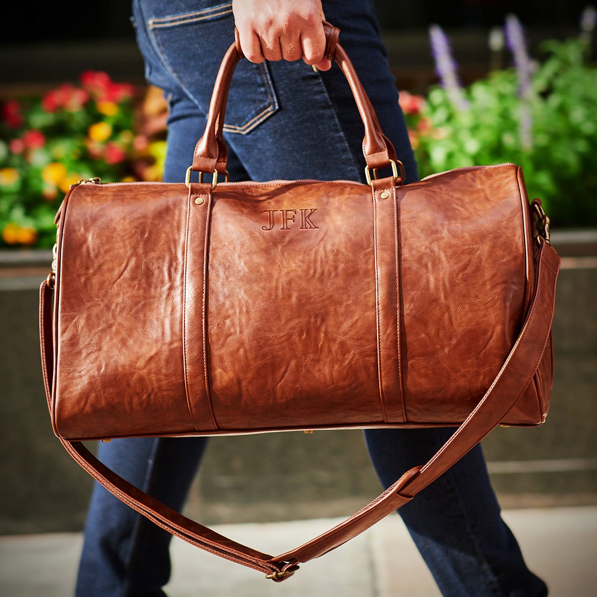 men's / unisex weekend travel bag Personalized Theodore Mens Duffle Bag, Large with Suitcase Strap Brown Size:5'6